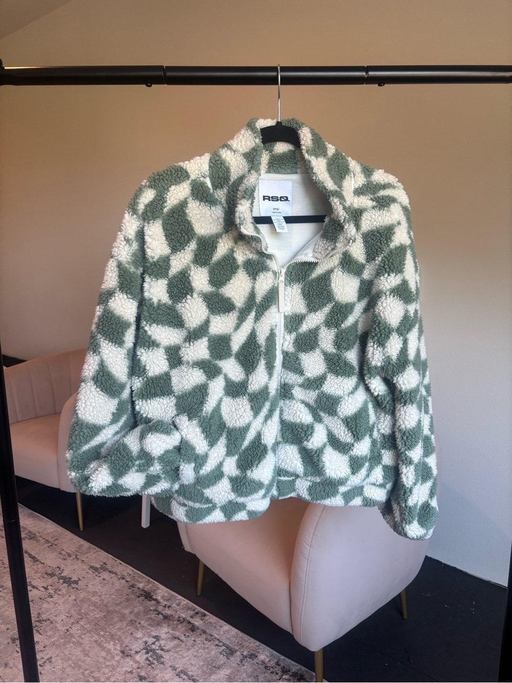 RSQ Green & White Sherpa Zip Jacket
